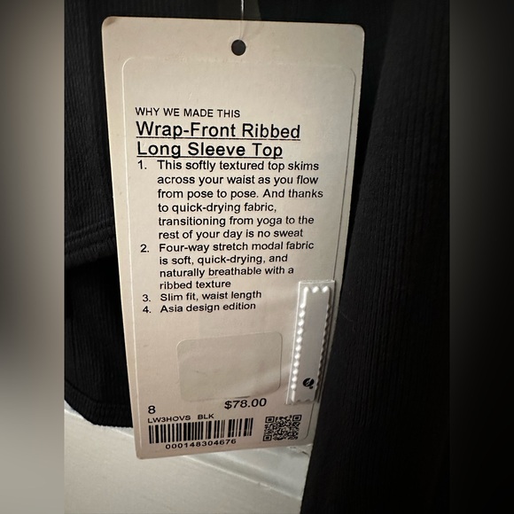Lululemon Wrap-Front Ribbed Long-Sleeve Top Black Sz 8 - Picture 6 of 6